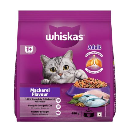 Whiskas Adult (1+ Years) Dry Cat Food – Mackerel Flavour (480 g | 1.2 kg | 3 kg | 7 kg)