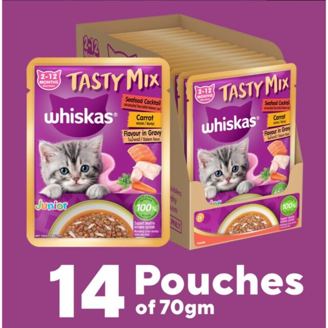 Whiskas Tasty Mix Kitten (2-12 Months) Wet Cat Food, Seafood Cocktail Carrot Flavour in Gravy, 70g (Pack Of 1 / 14 / 28) - Image 4