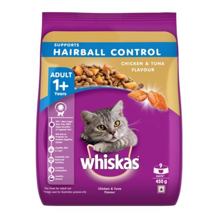 Whiskas Adult (1+ Years) Hairball Control Dry Cat Food – Chicken & Tuna Flavour (450 g | 1.1 kg)