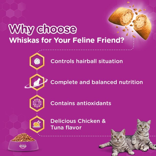 Whiskas Adult (1+ Years) Hairball Control Dry Cat Food – Chicken & Tuna Flavour (450 g | 1.1 kg) - Image 4