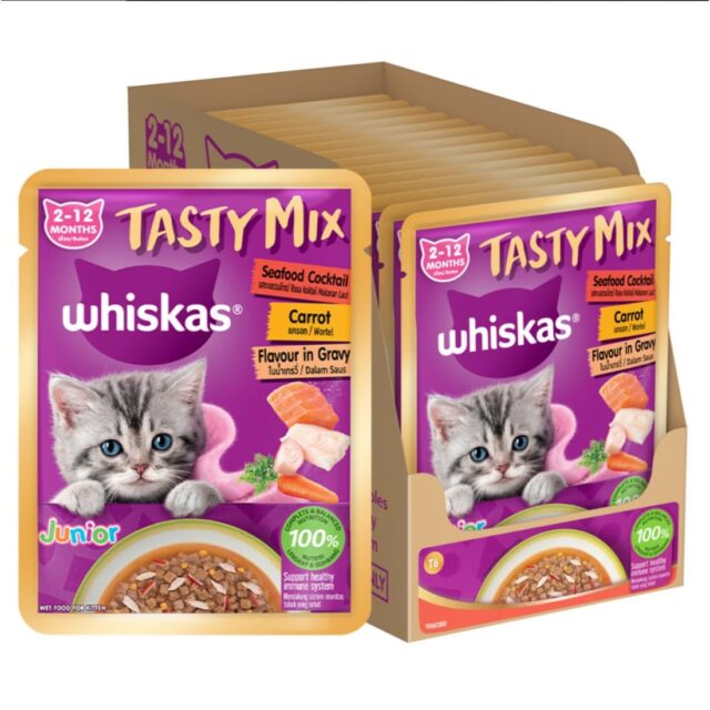 Whiskas Tasty Mix Kitten (2-12 Months) Wet Cat Food, Seafood Cocktail Carrot Flavour in Gravy, 70g (Pack Of 1 / 14 / 28) - Image 3