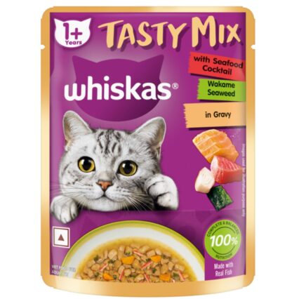 Whiskas Tasty Mix - Seafood Cocktail Wakame Seaweed in gravy 70g (Pack of 1 / 14 / 28)