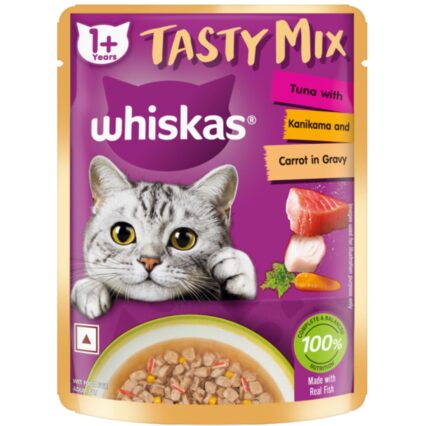 Whiskas Adult Tasty Mix - Tuna With Kanikama And Carrot in Gravy 70g (Pack of 1 / 14 / 28)