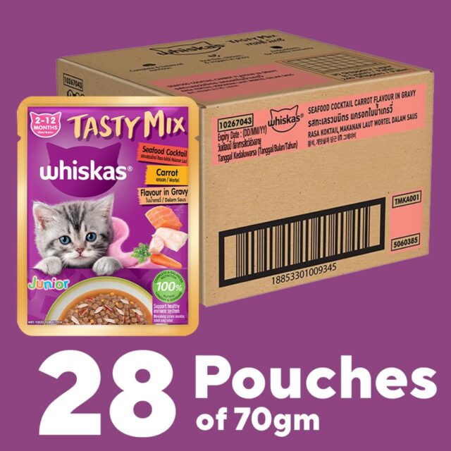 Whiskas Tasty Mix Kitten (2-12 Months) Wet Cat Food, Seafood Cocktail Carrot Flavour in Gravy, 70g (Pack Of 1 / 14 / 28) - Image 6