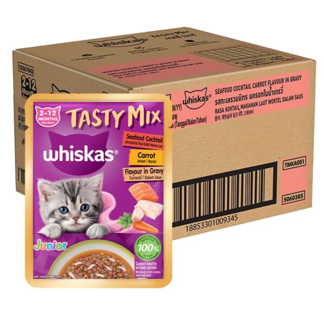 Whiskas Tasty Mix Kitten (2-12 Months) Wet Cat Food, Seafood Cocktail Carrot Flavour in Gravy, 70g (Pack Of 1 / 14 / 28) - Image 5