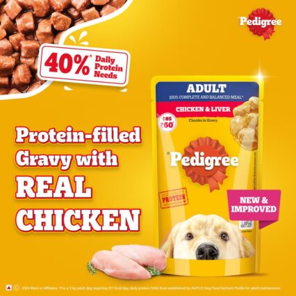 Pedigree Adult Wet Dog Food – Chicken & Liver Chunks in Gravy, 130 g (Pack of 1 / 12 / 120)