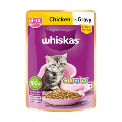 Whiskas Junior Kitten (2-12 Months) Chicken in Gravy – 80g (Pack of 1 / 14 / 56)