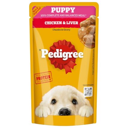 Pedigree Puppy Wet Dog Food – Chicken Chunks in Gravy, 130 g (Pack of 1 / 12 / 120)