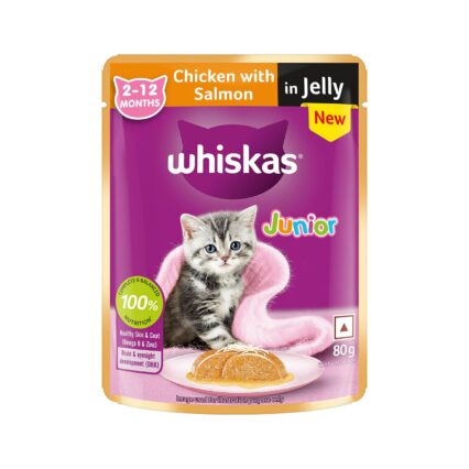 Whiskas Junior Kitten (2–12 Months) – Chicken with Salmon in Jelly 80g (Pack of 1 / 14 / 28)