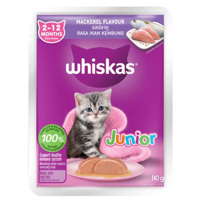 Whiskas Kitten (2–12 Months) – Mackerel Flavour in Gravy 80g (Pack of 1 / 14 / 28)