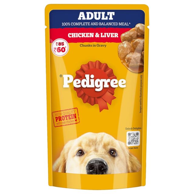 Pedigree Adult Wet Dog Food – Chicken & Liver Chunks in Gravy, 130 g (Pack of 1 / 12 / 120)