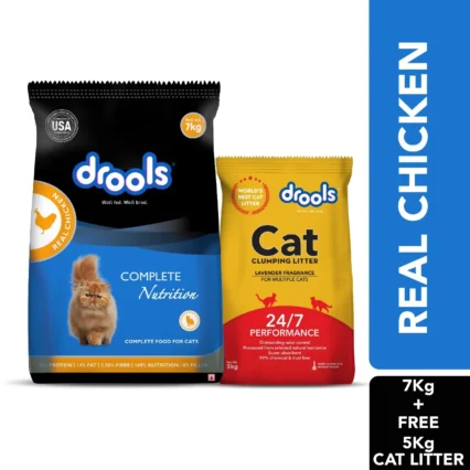 Drools Adult Dry Cat Food - Real Chicken 7 kg + Free 5 kg Drools Cat Litter